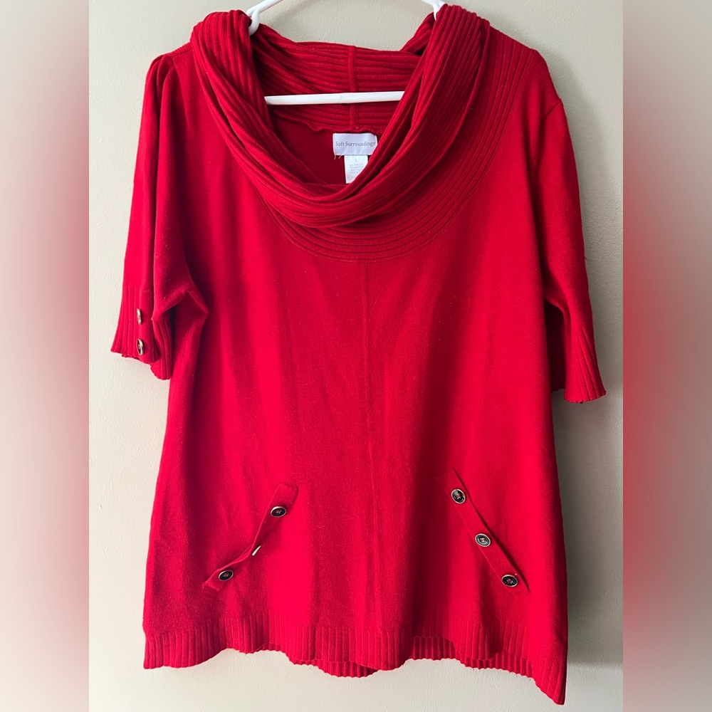 Soft Surroundings size L red draped
Cowl neck short sleeve sweater .